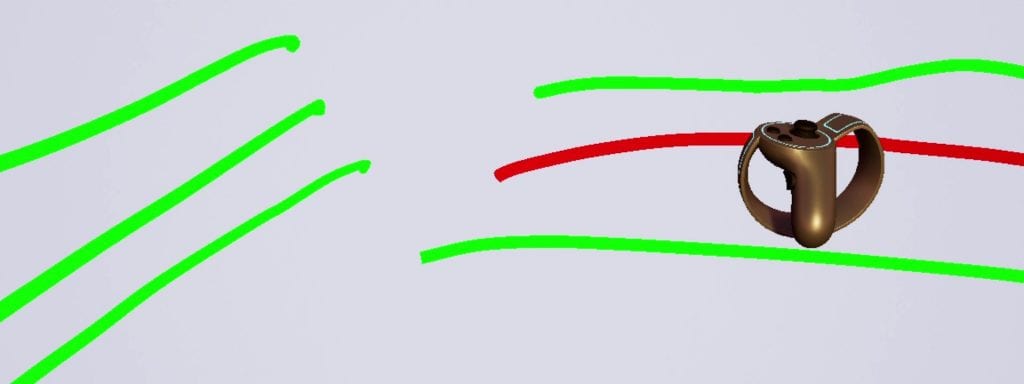 Hand-drawn green and red lines with brown remote-style device on top.