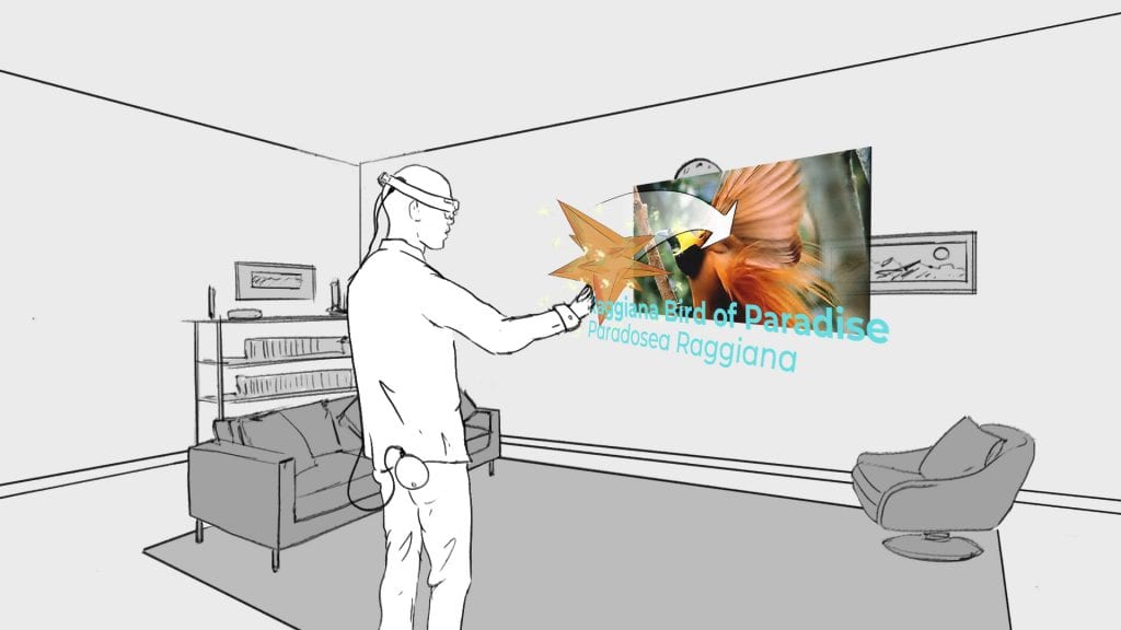 Drawing of man wearing VR headset looking at bird of paradise on wall opposite.