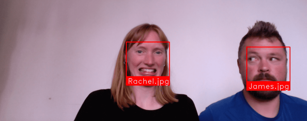 Man and woman's faces with red identifying boxes around them.