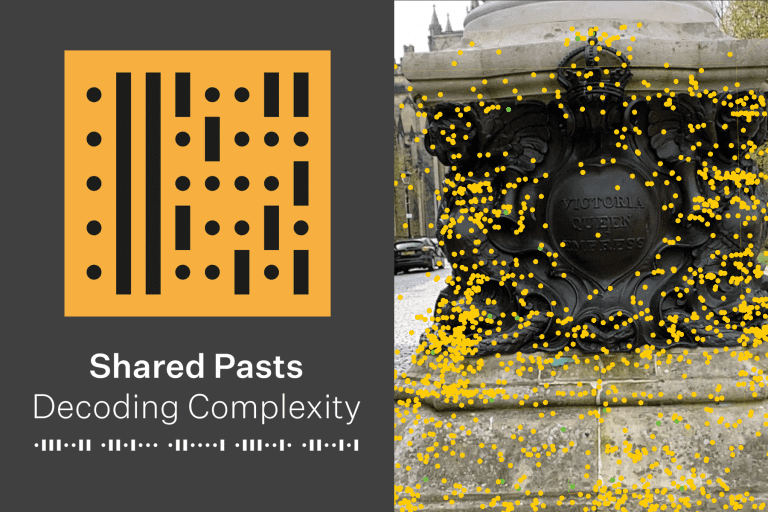 Logo saying 'Shared Pasts, Decoding Complexity' and image of monument with interactive dots around it.