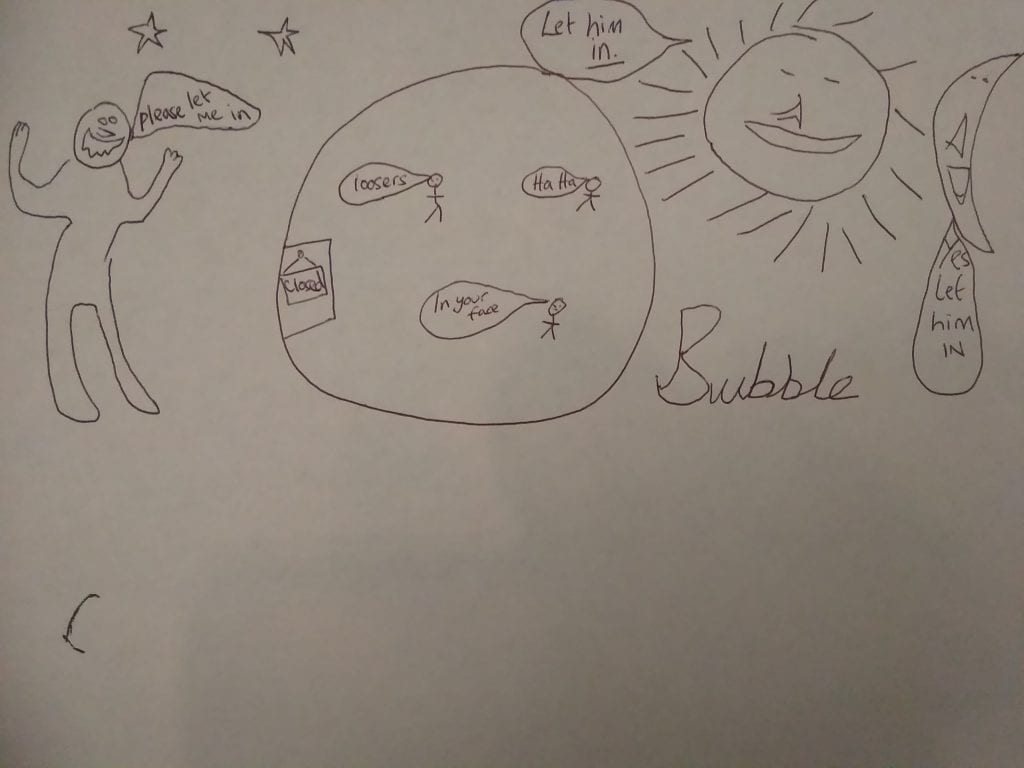 Child's drawing of life in and out of an 'isolation-bubble'