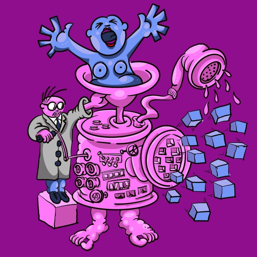 Cartoon of scientist using machine which is transforming a person into identical cubes.