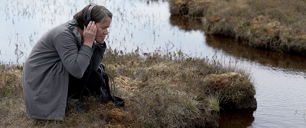 Photo of Kathy Hinde listening on headphones to a pond at a peat bog, which is a flat fast landscape with much water