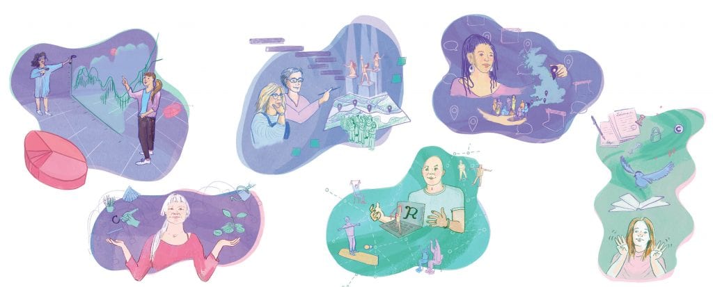 set of 6 illustrations in pink, green and purple. they featuring 2 women pointing in a VR space, a woman with her arms around the UK and a group of people, 2 women discussing plans, a woman balancing equipment, a man looking over people using motion capture suits, a woman above her is a bird and books