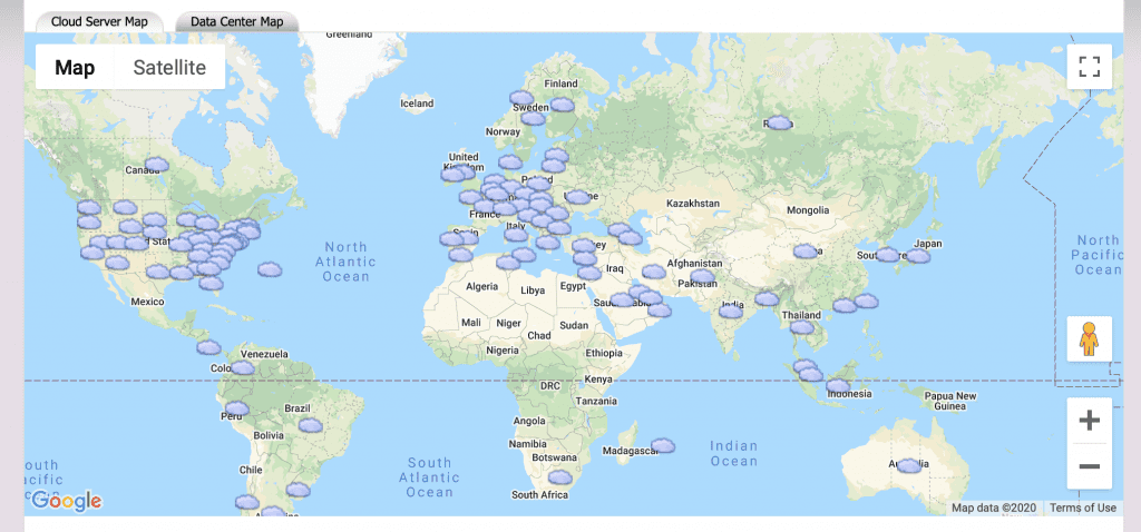 Map of the world with cloud icons over every location of a large scale data centre