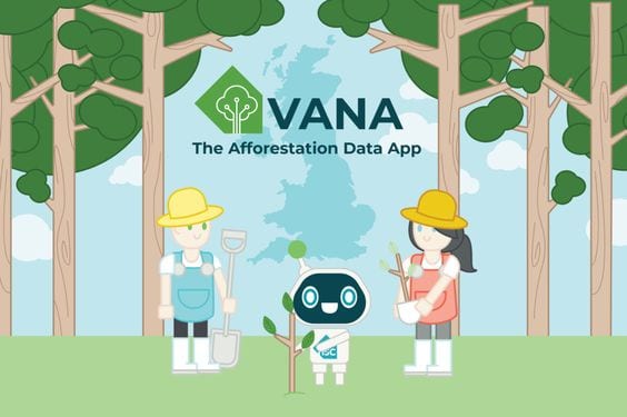 cartoon image of a forrest with 3 figures, holding leafy twigs. text on image reads: VANA The Deforestation Data App