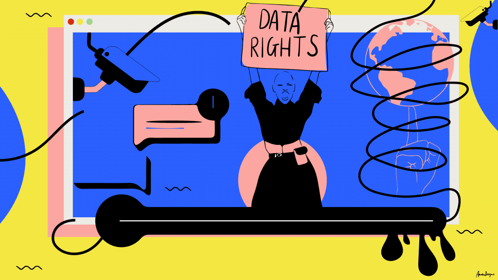 illustration in blue, yellow and peach. a person is holding up a sign saying'Data Rights'