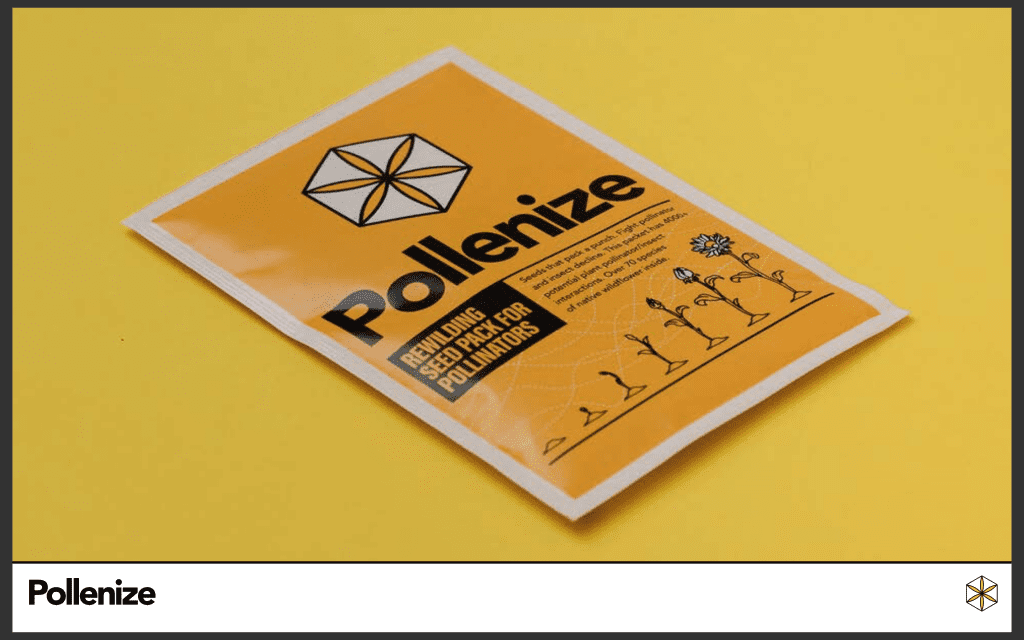 a packet of seeds on a yellow background. the seeds have drawings of flowers growing on and read Pollenize. 