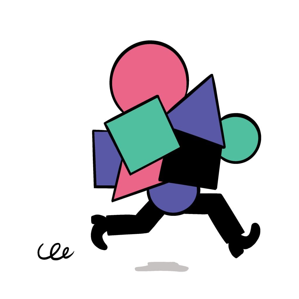 illustration of a pair of legs running, the top half of the figure is covered with circles, squares and triangles in pink, purple and green